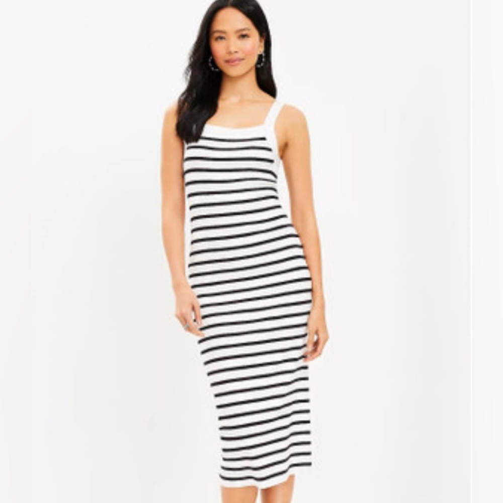 LOFT Black and White Striped Midi Dress